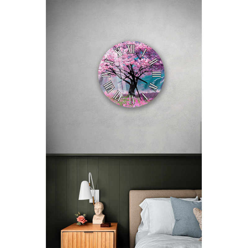 Horloge murale vibrante rose floral, 14 pouces, Romain, noir
