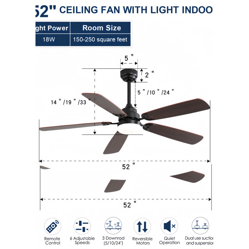 Breathtaking Comfort, Effortless Style: 52" Smart Ceiling Fan With Dimmable LED & 3 Mounting Options, Matte Black
