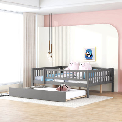 Full Size Wood Daybed With Trundle And Fence Guardrails