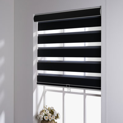  cordless zebra blinds for window，Blackout （70%）roller Blinds & Shades,day and night Dual layer sheer or privacy,Light control,Easy to install for home, Black, 90"W x 72"H