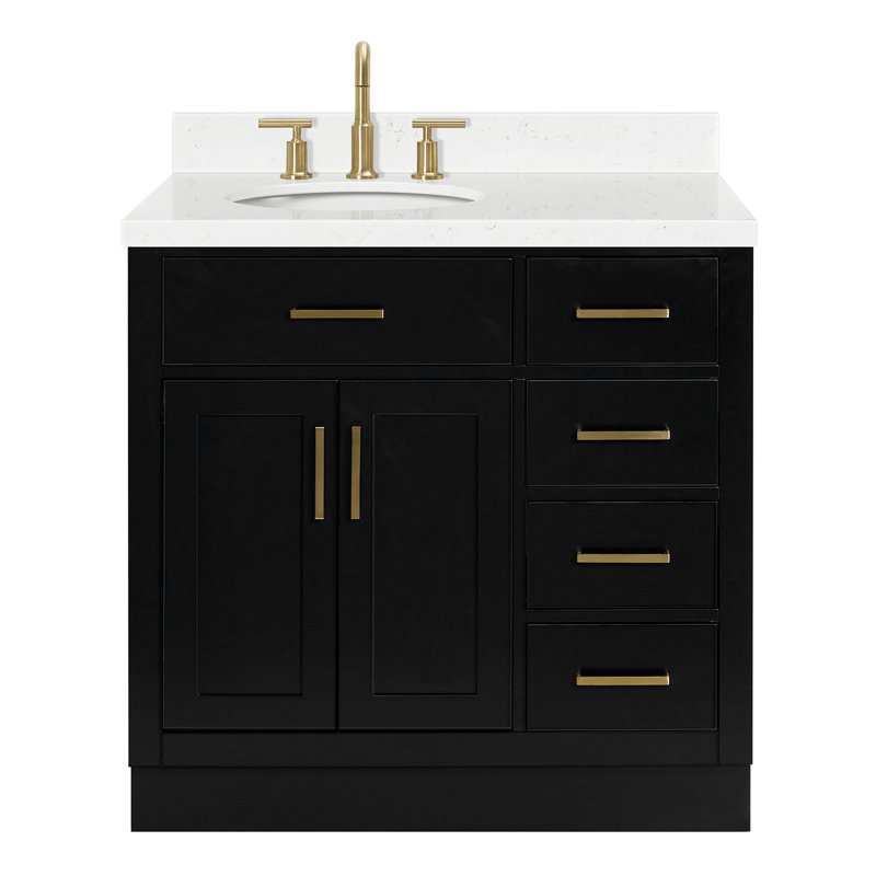 Meuble-lavabo simple en bois massif 36 po Tidworth avec plateau en quartz Carrara de 1,5 po, Gauche, Ovale, Chêne noir
