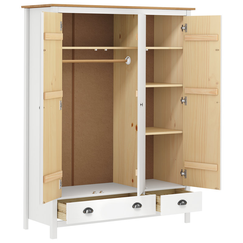 Norval 3 Door Solid Wood Wardrobe, White/Honey Brown