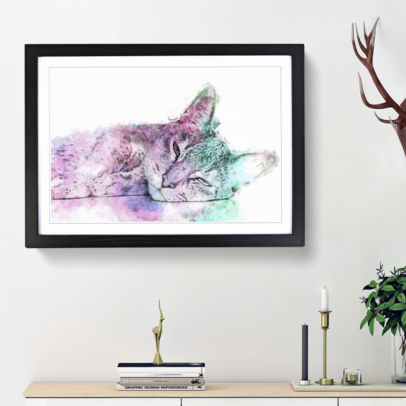 Colourful Abyssinian Cat in Abstract - Picture Frame Graphic Art Print, 27cm H x 36cm W x 2cm D, Black Framed