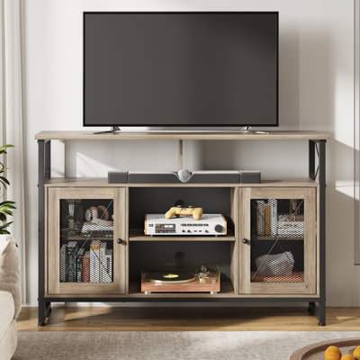 Meuble télé moderne pour téléviseur de 43 po avec tablettes réglables et structure en métal, petit meuble audio-vidéo de 37,8 po avec grande armoire de rangement, console de télévision industrielle pour le salon et la chambre à coucher