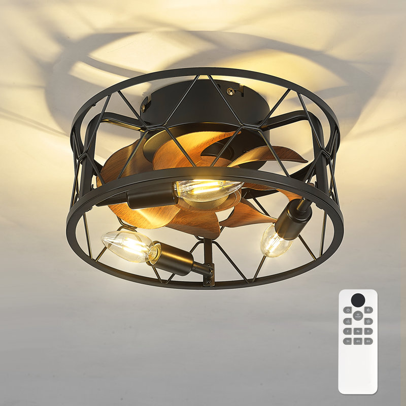 Mini ventilateur de plafond en cage 12 po avec lumière et télécommande - blanc, Noir mat, Bois brun foncé
