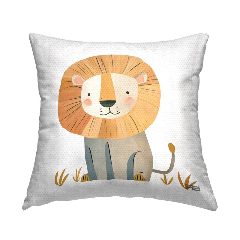 Coussin décoratif souriant à imprimé de lion fantaisiste par Roozbeh Bahramali
