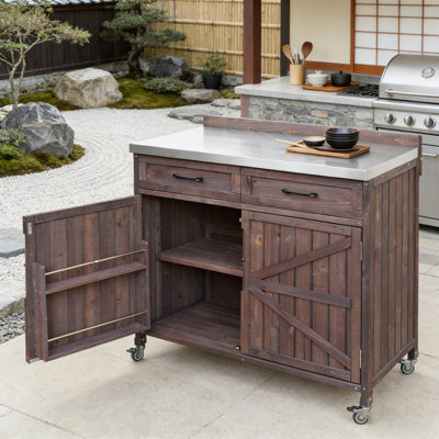 K&K 39.4 Inch Outdoor Kitchen Island With Stainless Steel Table Top, Large Drawer, Adjustable Shelves, And 4 Lockable Wheels For Pizza Prep And Storage