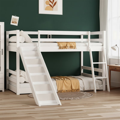Twin over Twin Solid Wood Bunk Bed with Slide, LED Light Strip and USB Charge Port, Mattress not Included
