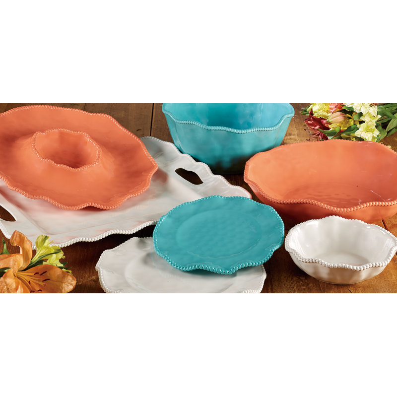 Coral Melamine Dinnerware Set with Beaded Ruffled Rims, Service for 4