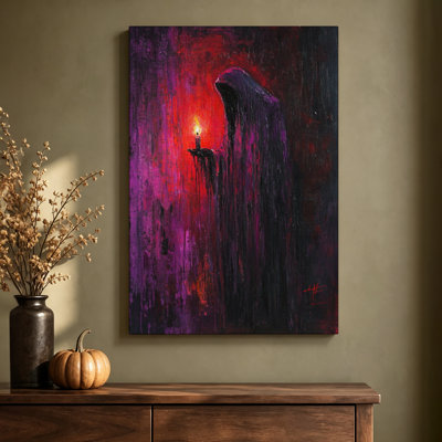 Personnage sinistre tenant une chandelle, tableau expressionniste à l'huile sur toile tendue sur châssis, 61 cm x 91 cm, prêt à accrocher.