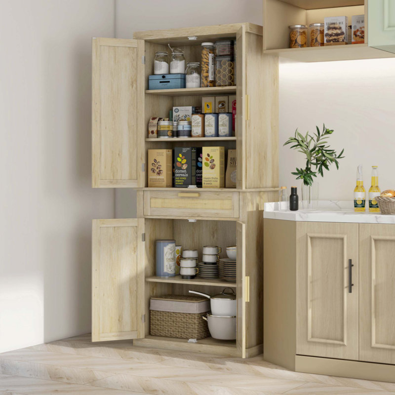 Oak and Rattan 72" Tall Kitchen Pantry Storage Cabinet