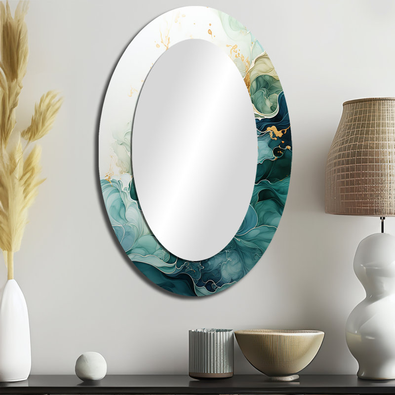 Minimaliste sarcelle or sarcelle en mouvement - Miroir décoratif ovale abstrait sur métal, 36" x 24"