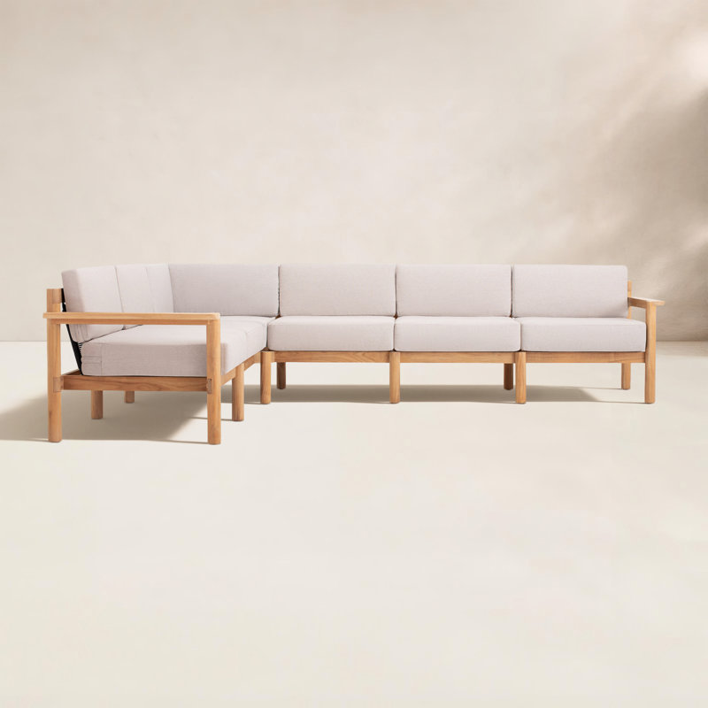 Haven 6-Piece Teak Outdoor Sectional with Sunbrella Cushions and Wooden Armrest in Rust, Sunbrella Ashe