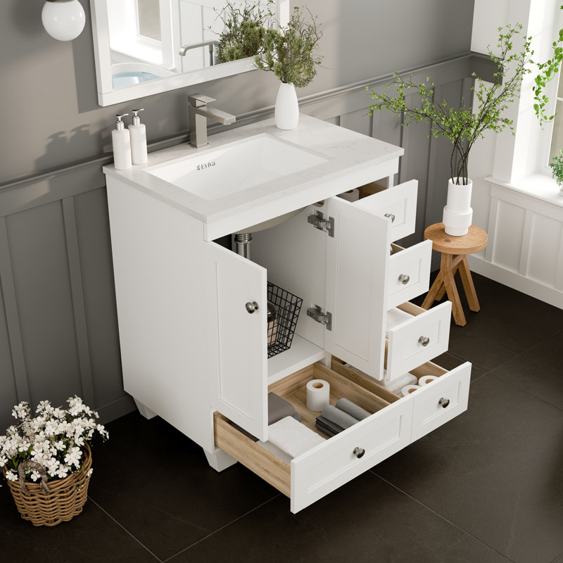 Curio 30"W x 18"D Bathroom Vanity with Undermount Porcelain Sink, White, 30", White Carrara Marble