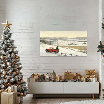 Art mural sur toile de Noël GUTTATY, impressions de toile de scène de neige camion rouge festif, décoration murale de photo rustique d'hiver, affiche de Noël suspendue pour salon, chambre à coucher, bureau, 60 x 30 pouces