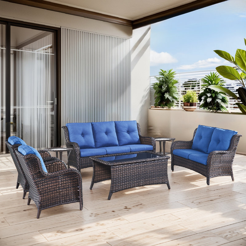 Ensemble de conversation de terrasse avec coussins 7 pièces Schutt, Structure brune / coussin bleu
