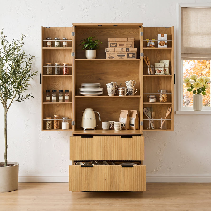 Armoire de rangement autoportante 72 po H avec tablettes réglables et 2 grands tiroirs, Marron clair