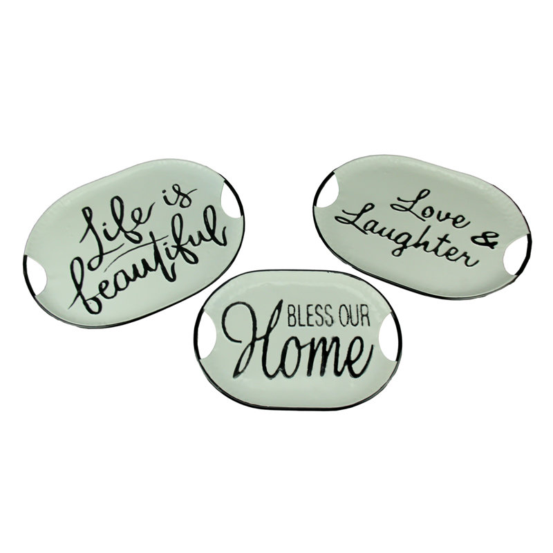 Ensemble de 3 plateaux décoratifs en métal noir et blanc avec les mots « Vie », « Amour » et « Maison », largeur : 44 cm (17,25 pouces).