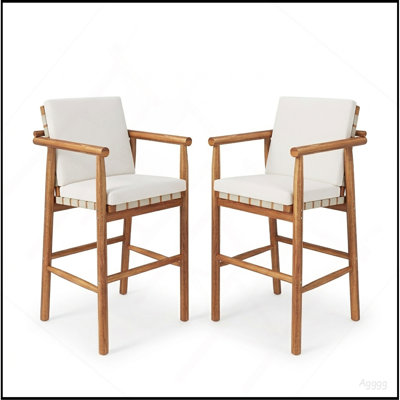Ensemble de 2 tabourets de bar à hauteur de comptoir pour l'extérieur, ensemble de 2 tabourets de patio modernes en bois d'acacia avec accoudoirs à dossier et siège à sangles, pour les coussins de patio, de piscine, de jardin et beiges inclus