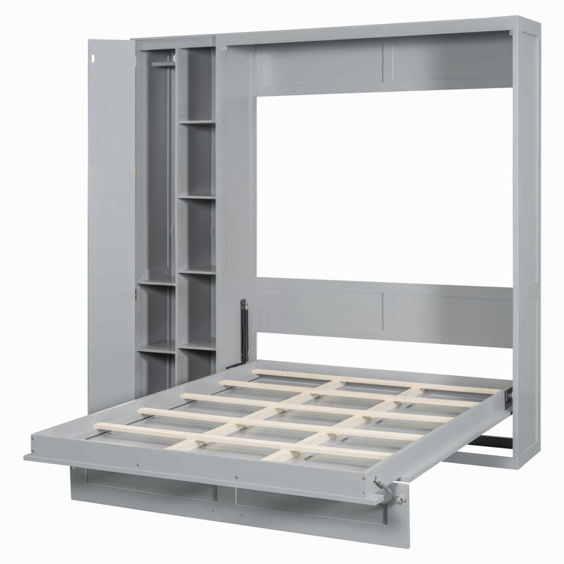 Murphy Bed Wall Bed With Shelves, Wardrobe And Led Lights, Full, Gray