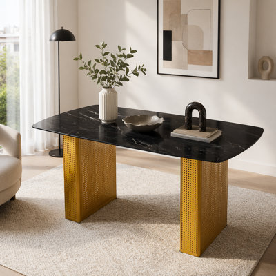 Table de salle à manger rectangulaire moderne en verre trempé avec motif en marbre