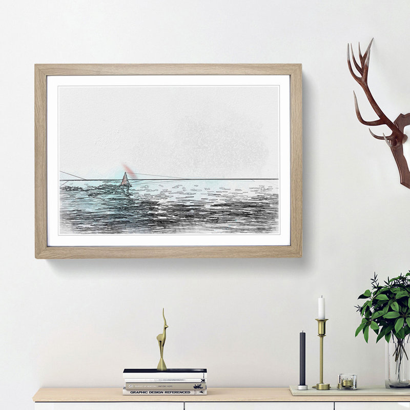Solo Red Sailboat & Seascape in Abstract - Framed Print, 27cm H x 36cm W x 2cm D, Oak Framed