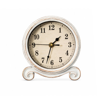 Vintage Round Tabletop Clock with Distressed White Frame, Ornate Scroll Base & Antique-Inspired Design for Mantel, Counter and Shelf Display in Living Rooms, Bedrooms, and Offices