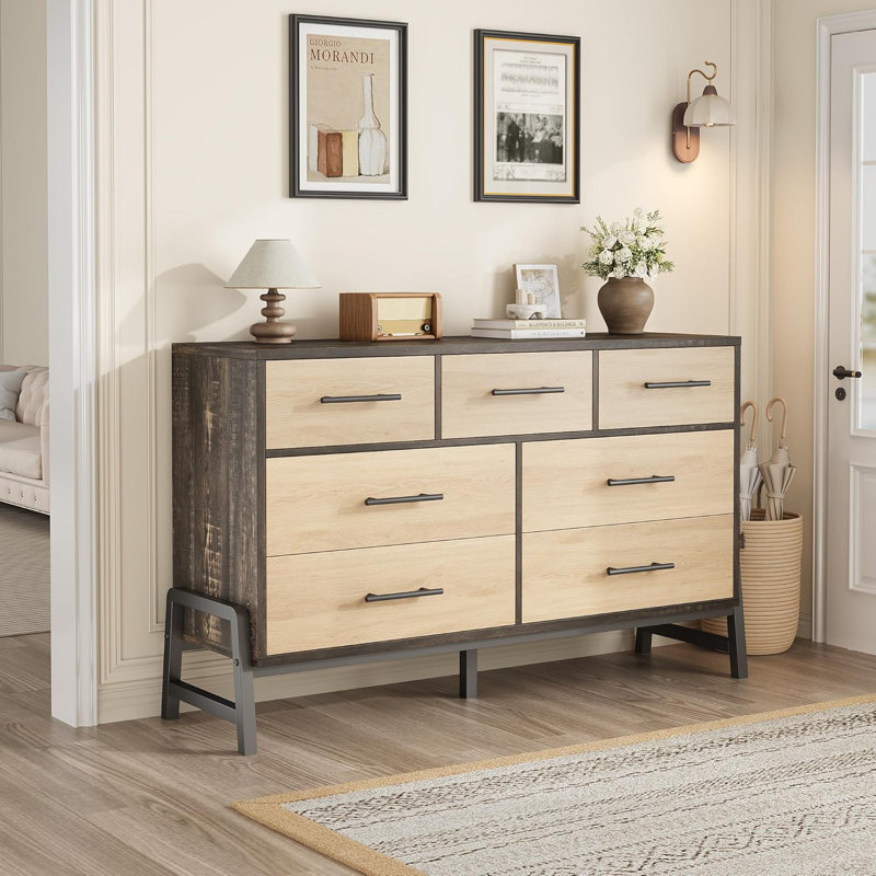 7 commodes pour la chambre à coucher, commode de 52 po de largeur, commode à tiroirs larges avec rangement autoportant, commode de rangement en bois pour commode de salon, chambre à coucher, vestibule