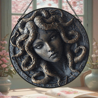 Panneaux de vitrail attrape-soleil en forme de médaille du serpent Méduse pour décoration de fenêtre