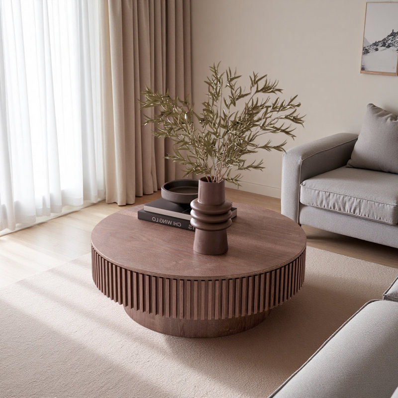 Table basse 39,37 po ronde avec rangement Table d'appoint moderne en placage de bois massif, Noyer