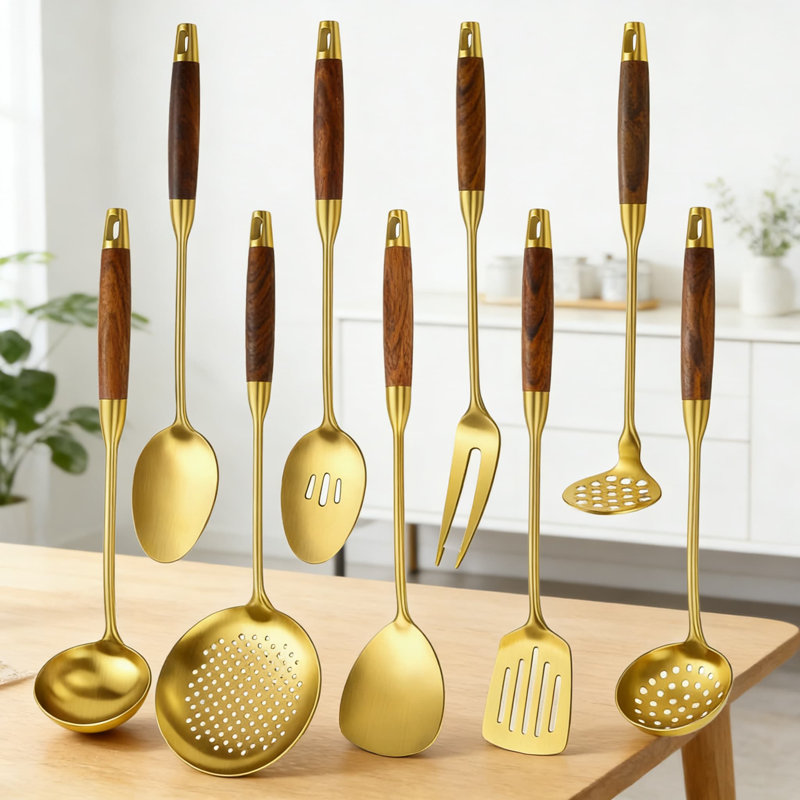 Ensemble d'ustensiles de cuisine en acier inoxydable 10 pièces avec poignée en bois - Outils de cuisine professionnels comprenant une spatule, une louche, un écumoire, un tourneur à fentes, une cuillère, une fourchette et un pilon