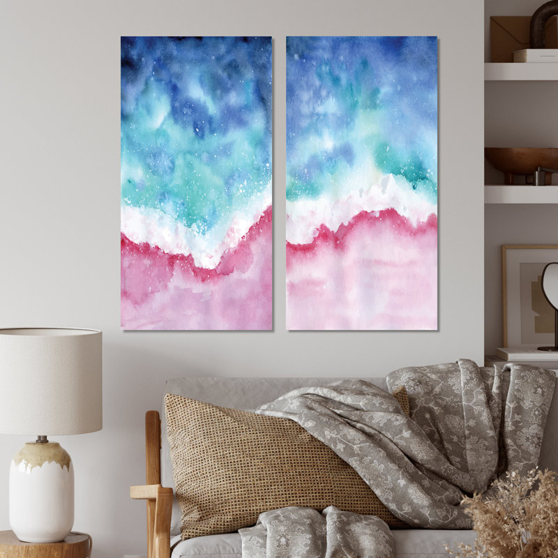 «Abstract Ocean Pink and Blue Waves», ensemble de 2 peintures sur toiles, H 20 po x l 24 po x P 1 po, Toile tendue