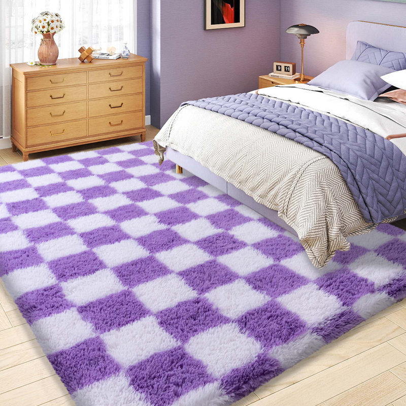 Checkered Fluffy Rug 6x9 Ft Washable Shaggy Fluffy Rug for Bedroom Living Room Plaid Runner Rug Fuzzy Shag Carpet Non-Slip for Kids Toddler Room Nursery Playroom