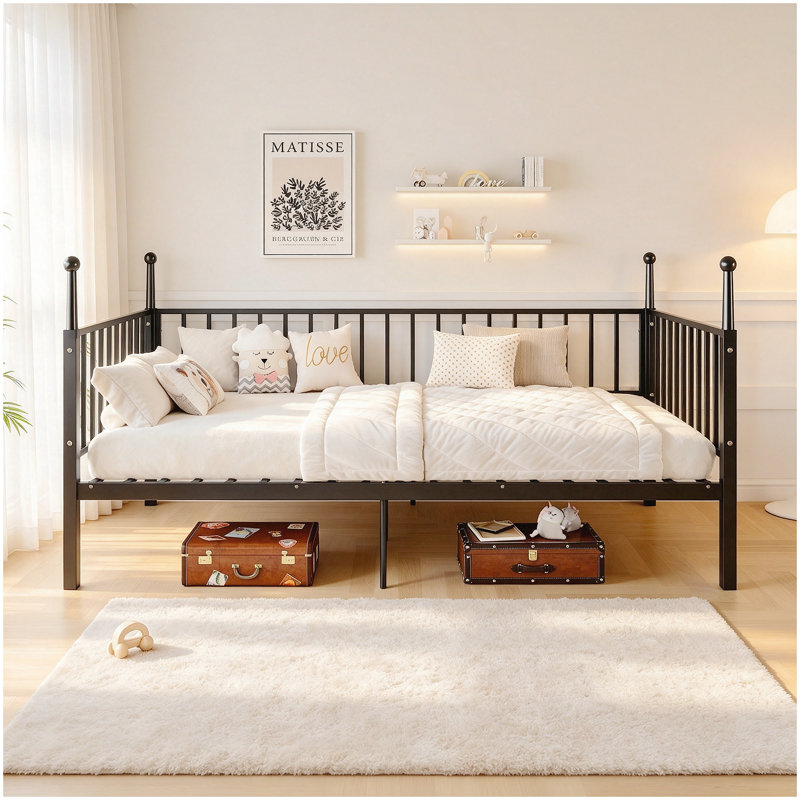 Structure de lit en métal, adaptée aux enfants, aux adolescents et aux adultes, avec poteaux de lit, robuste et durable, aucun matelas à ressorts requis, noir