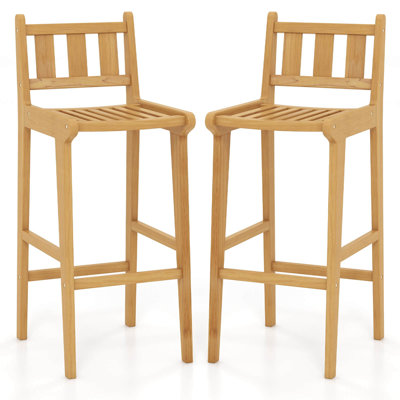 30" Teak Wood Bar Stool With Footrest & Backrest Wooden Bar Height Chair