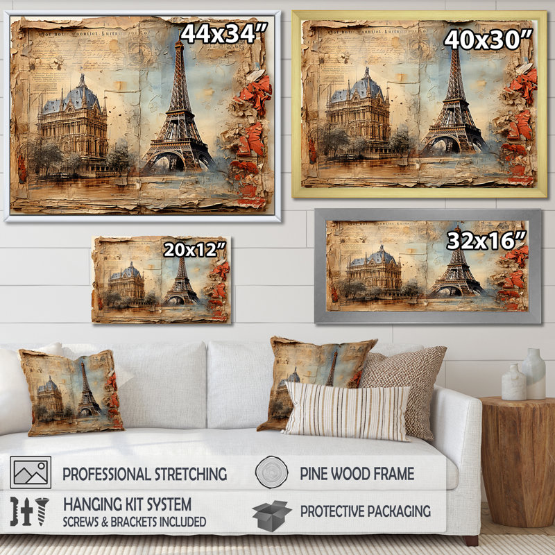 Paris Nostalgia, collage rétro sur toile, H 30 po x l 40 po x P 1,5 po, Cadre simple noir