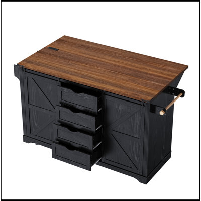 Kitchen Island with Fridge Storage Space, Power Outlet, 4 Drawers and Glass Holder