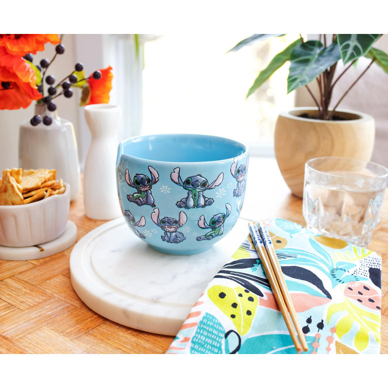 Blue Ceramic Disney Lilo & Stitch Ramen Bowl Set with Chopsticks