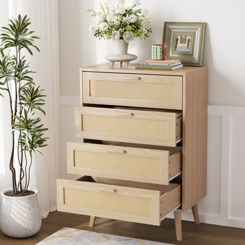 Commode 4 tiroirs avec pieds en bois massif, Chêne naturel