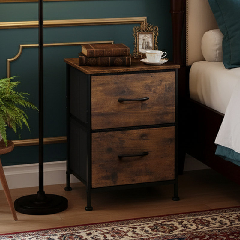 Table de chevet 2 tiroirs 15,7 po - Bacs en tissu de couleur bois, plateau en bois - Rangement à structure en acier