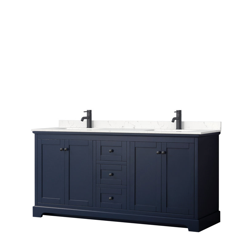 Ensemble de meuble-lavabo double 72 po Avery, Bleu foncé, Marbre de culture de Carrare veiné clair, Noir mat
