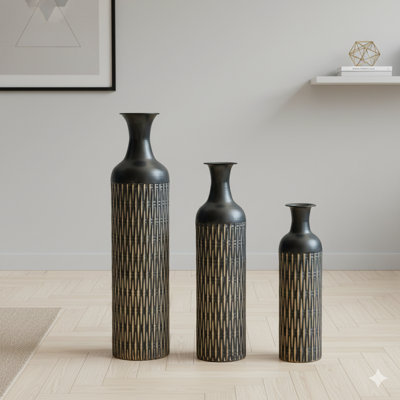 Ensemble de 3 vases décoratifs en métal, grands vases de plancher noirs à motif texturé pour décoration intérieure moderne, vases à fleurs pour le salon (32,68 po, 25,98 po, 19,69 po)