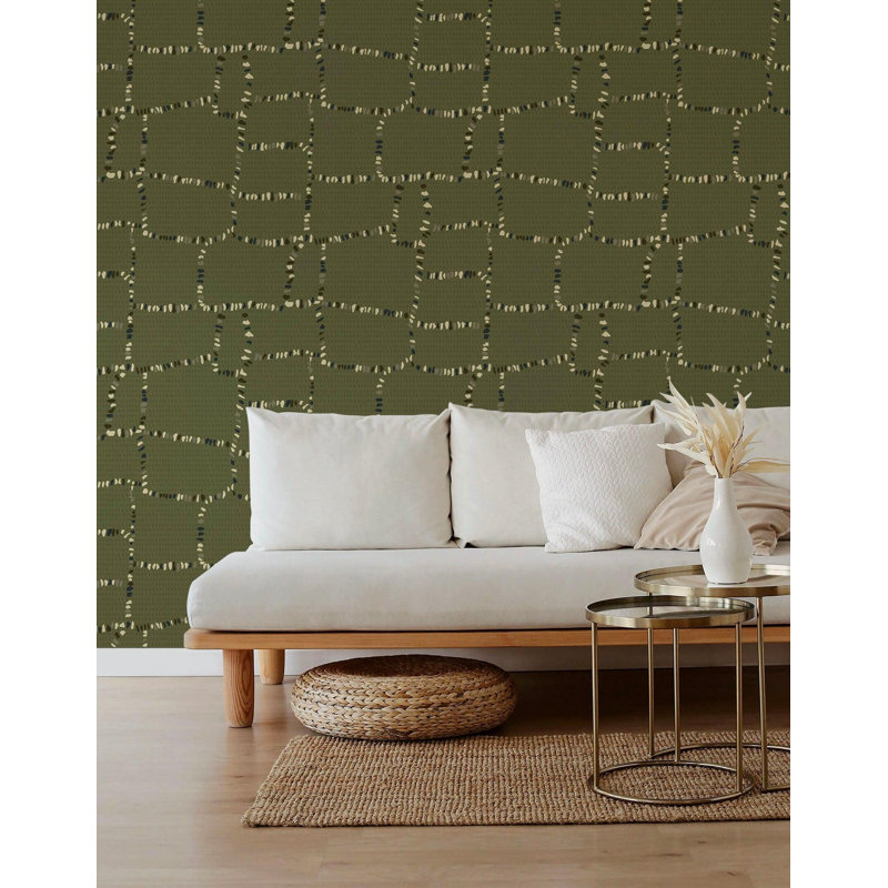 Tulum Ruins Wallpaper, Olive, Faux Grasscloth, Non-Pasted