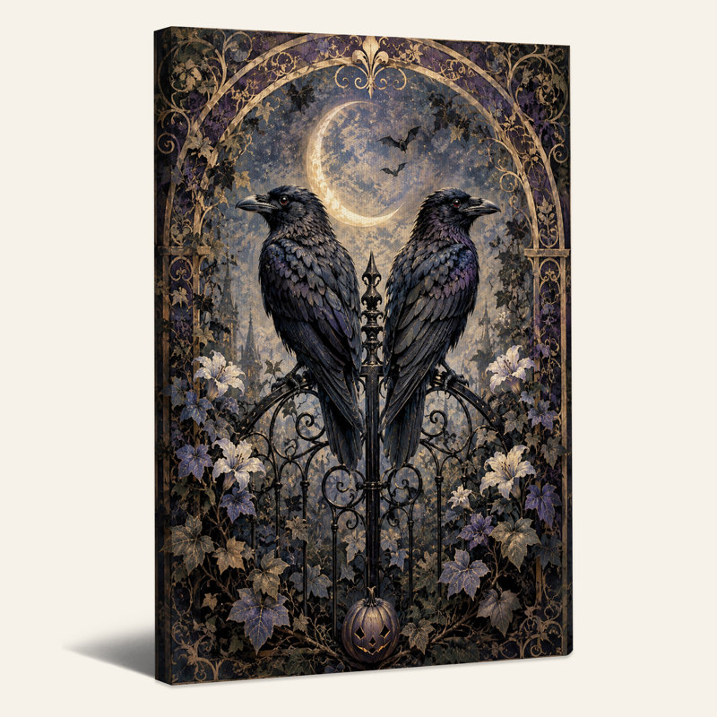 «Black Ravens on Gothic Gate with Crescent Moon», art mural sur toile, H 24 po x l 18 po