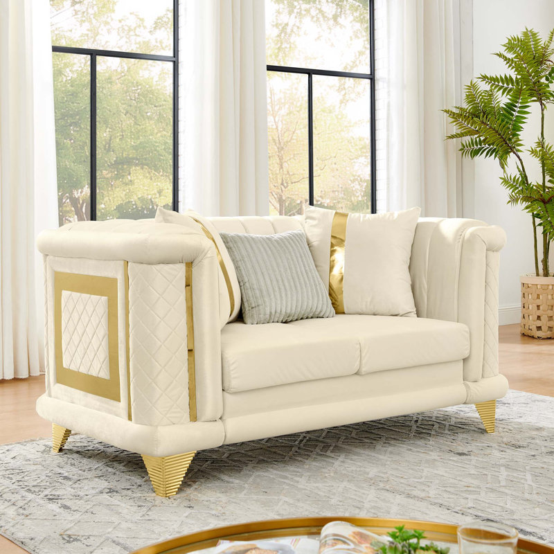 Causeuse en velours de luxe avec garnitures en acier inoxydable et texture brodée, Beige