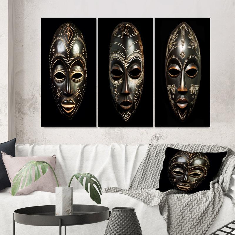 Masque africain traditionnel Ethnique VI - ensemble d'art mural tribal africain de 3, H 28 po x l 36 po, Cadre blanc