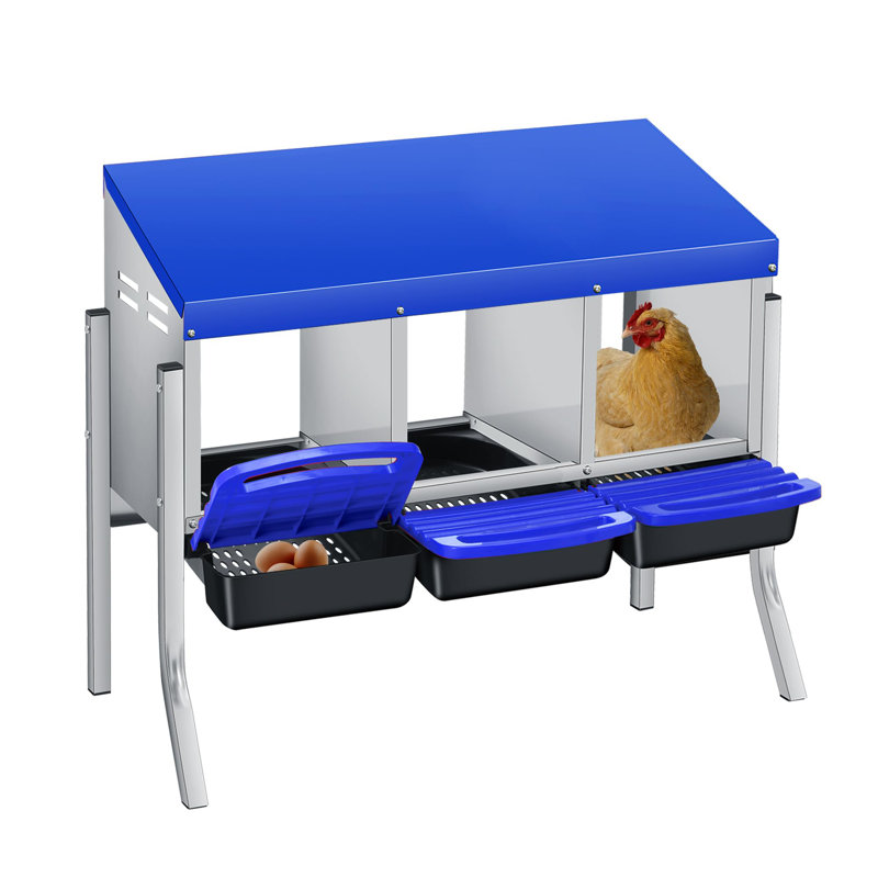 Boîte de nidification pour poulets, conception à roulettes à 3 compartiments pour collection d'œufs à grand volume et fixation murale facile avec pieds en métal