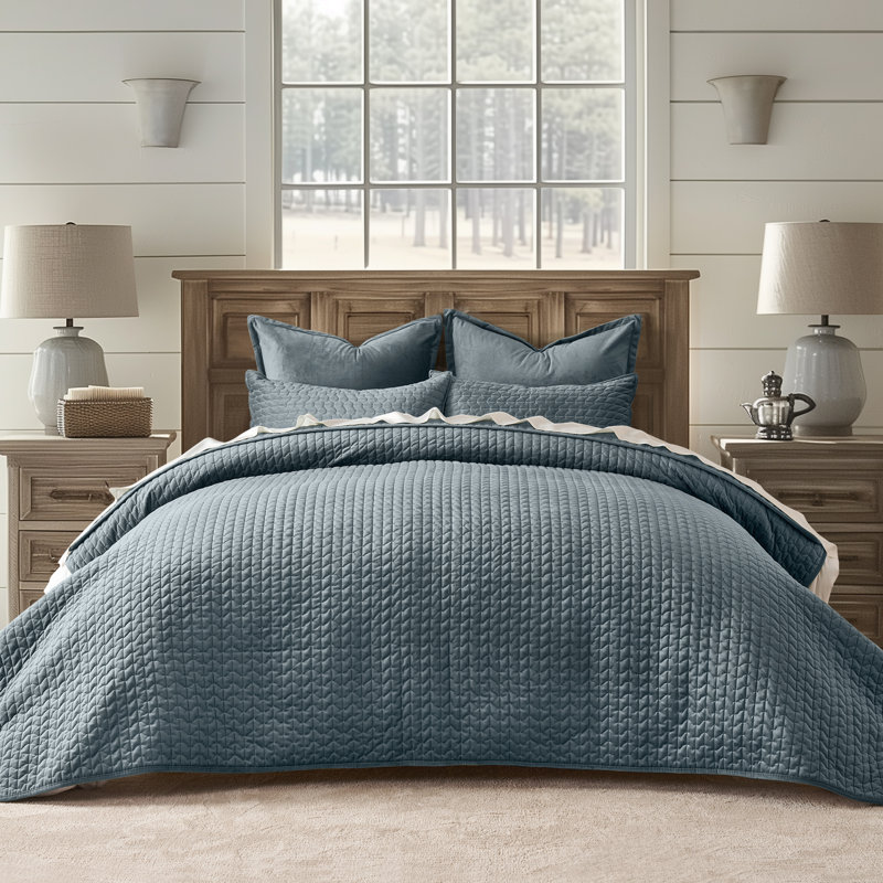Cross-Stitch Velvet Quilt Set 3 Pieces, Queen, Stormy Blue