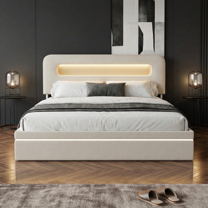 Ottoman Bed With LED Storage Headboard, Beige Velvet Upholstered Frame, European Double (140 x 200 cm)