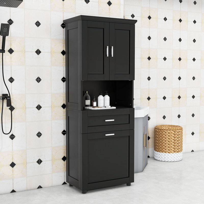 Fougeres Modern Wood Freestanding Bathroom Cabinet with Integrated Laundry Basket and Ample Compartments, Black